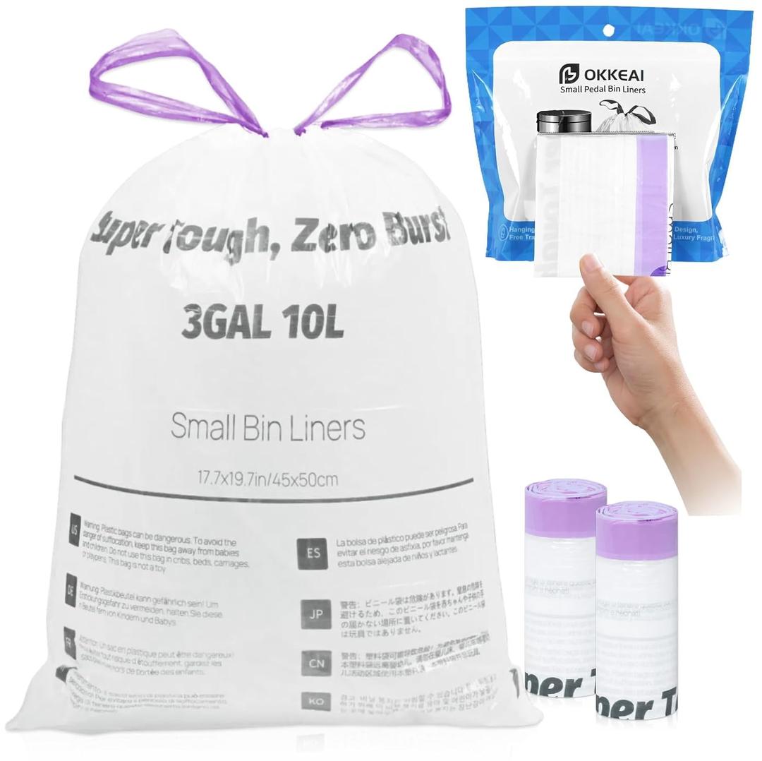OKKEAI 3 Gallon Small Mini Trash Bags with 64 Count Drawstring Trash Bags Leak Proof Tear Resistant Bathroom Kitchen Office Garbage Bags Heavy Duty Liners Easy to Tie and Dispose