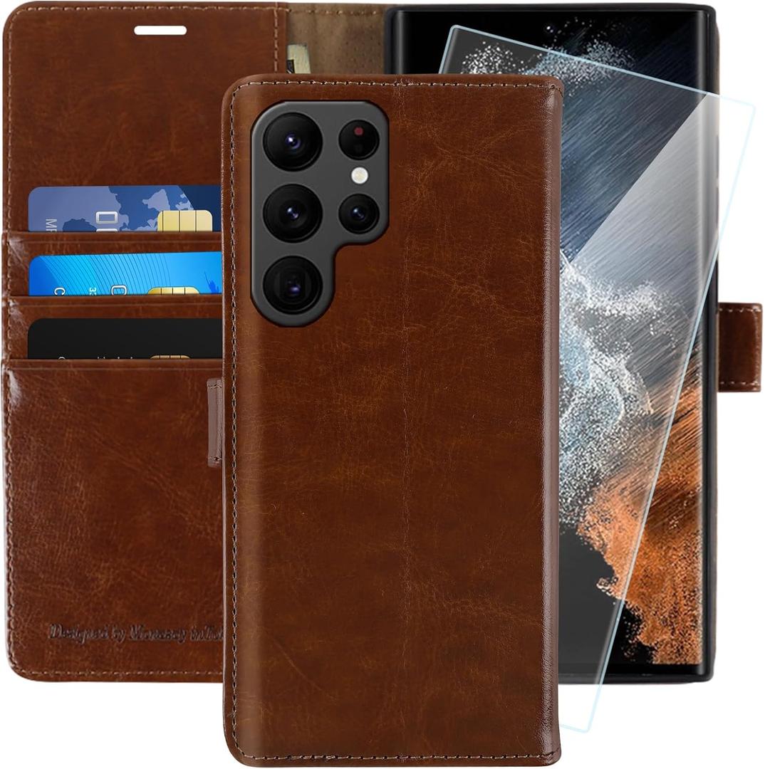 MONASAY Wallet Case Compatible for Galaxy S22 Ultra 5G, 6.8 inch [Included Screen Protector][RFID Blocking] Flip Folio Leather Cell Phone Cover with Credit Card Holder, Brown