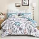 Luxudecor Queen Comforter Set 7 Pieces Bedding Sets,Teal Blue Floral Comforter and Sheet Set,Soft Microfiber Bed in a Bag for All Seasons (Teal Blue,90"x90")