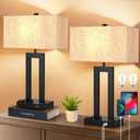 Modern Table Lamps Set of 2-22" Tall Bedside Lamps with USB-C/USB-A Charge Ports & Outlet, Stepless Dimmable Fabric Cream Shade Nightstand Lamps for Bedroom & Living Room