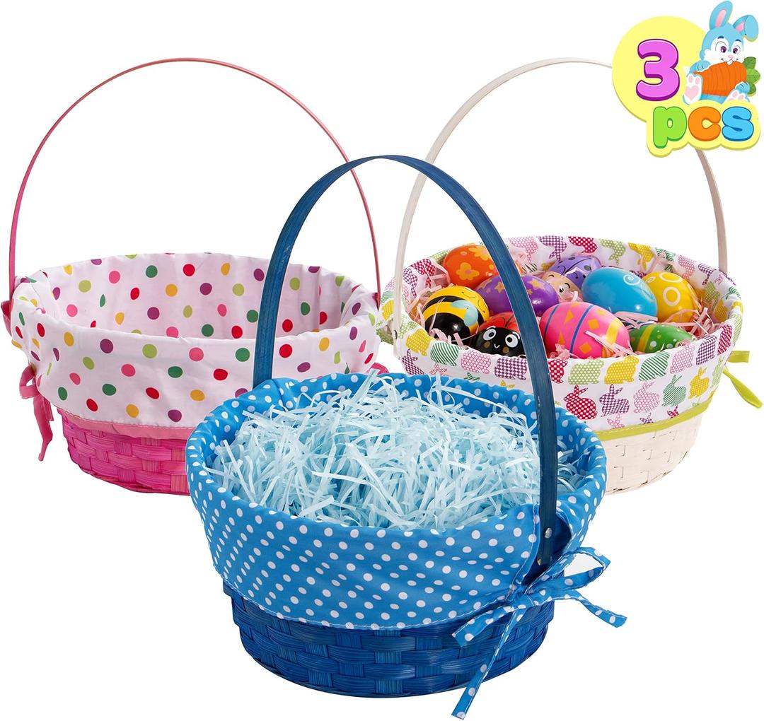 JOYIN 3 Pcs Easter Bamboo Baskets with Polka Dots Lining and Handle, Woven Easter Eggs Hunting Bucket, Wicker Candy Toys Storage Baskets for Picnic, Gift Packing, Party Favors Decorations(10" X 12")