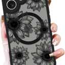 OOK Black Case Design for iPhone 16 Case [Compatible with MagSafe], Cute Sunflower Floral Blooms Design Frosted Shockproof for Women Girls Magnetic Phone Cover - Black Flower