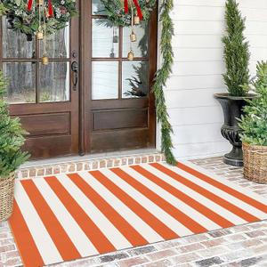 KILOCOCO Halloween Rug 4'x6' Striped Outdoor Orange White Rugs for Thanksgiving Washable Holiday Fall Doormats Layered Front Door Mat for Porch Farmhouse Entryway Patio Christmas Decor