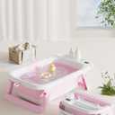 Baby Bathtub for Newborn Infant, Collapsible Baby Bathtub with Temperature Display & Soft Cushion, Infant to Toddler Bathtub, Portable Foldable Travel Bath Tub, 0-18 Months (Pink)