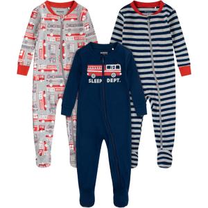 HUGGIES unisex-baby 3-pack Footed Coverall Pajamas (12 Months, Mid Grey Heather/Fire Trucks)