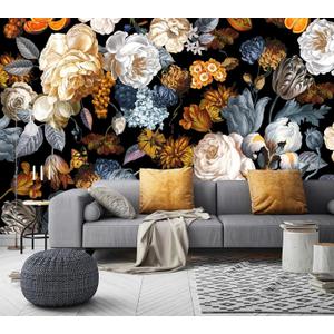WFBHUA-Black and Gold Floral Wallpaper for Bedroom Vintage Blue Peony Flower Wall Mural (Not Peel and Stick)