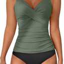 B2prity Women's Ruched Tankini Swimsuits V Neck Wrap Tie Back Two Pieces Bathing Suit Tummy Control Swimwear Size XL