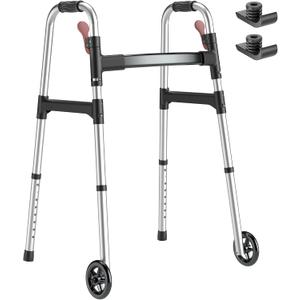 Walkers for Seniors, One-Hand Folding, 8 Height Adjustments, Walkers with Wheels, 2 Skis and 5" Wheels, Lightweight Walker for Seniors, Standard Walkers for Seniors, Aluminum Frame, Frosted Silver