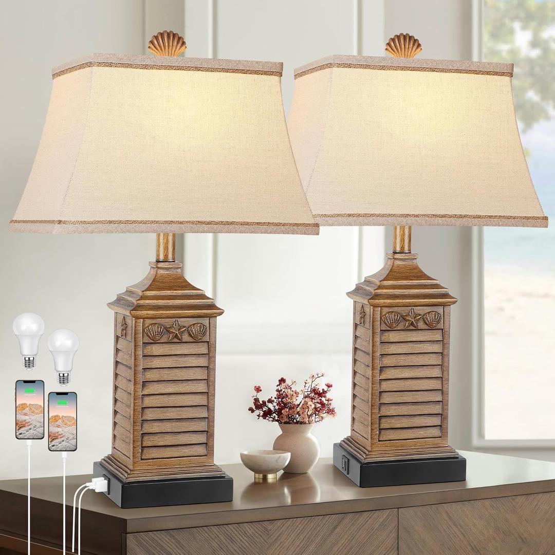 Hamucd Coastal Table Lamps Set of 2, Beach Living Lamps for Bedroom with USB A+C, Washed White Modern Resin LED 3Color Temperature Bedside Nautical Decor, Nightstand Tropical Lamps for End Table, Brown