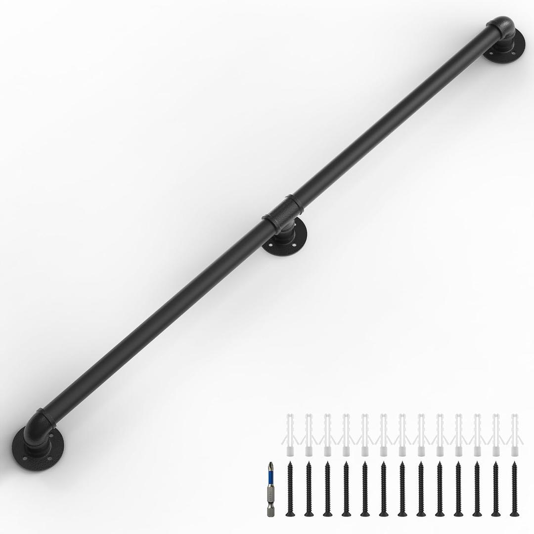 LuckIn 4ft Stair Railing Indoor, Handrails for Indoor Stairs, for Senior and Elderly, Non Slip Safety Rails, Wall Mount & Industrial Pipe, Heavy Duty, Garage Steps Handrail, Black
