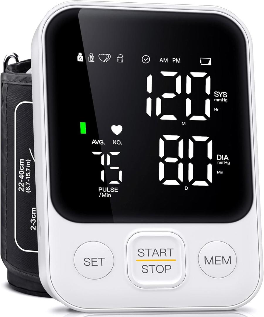 Blood Pressure Monitor Upper Arm Monitors for Home Use BP Machine with 2x120 Reading Memory Adjustable Arm Cuff 8.7"-15.7" Large Display with LED Background Light Storage Bag White