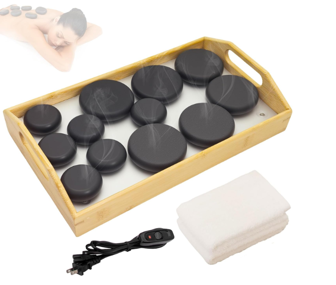 Goodtar Hot Stones Massage Set with 12 Stones & 2 Towels – Massage Tools for Deep Tissue Pain Relief | Professional Hot Rocks Massage Stones Warmer Kit with Bamboo Heater Box for Home Spa Warming