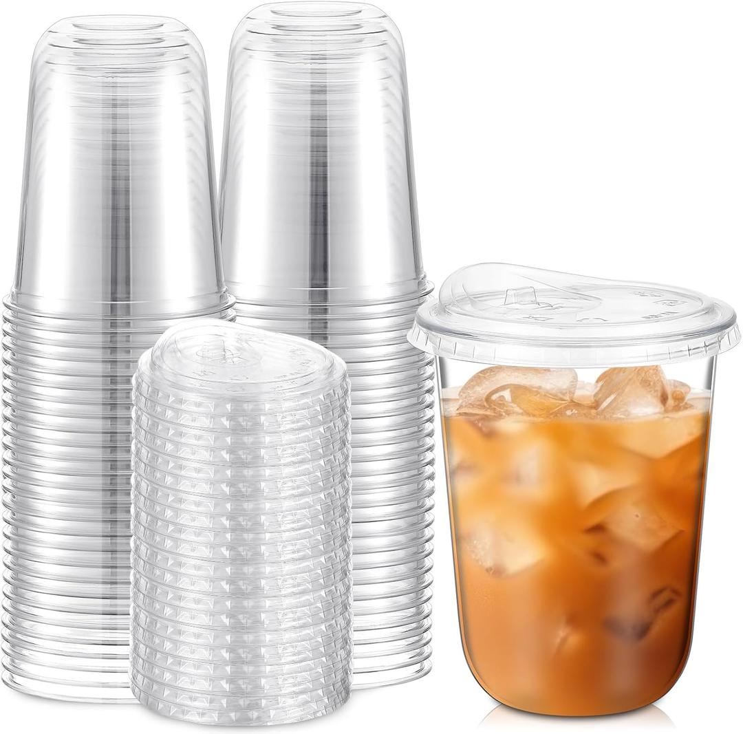 50 Sets 16 oz Clear Plastic Cups with Strawless Sip Lids, Thickened Clear Disposable Plastic PET Crystal Cups for Iced Coffee, Smoothie, Cold Beverage, Drink Shops and Party Catering