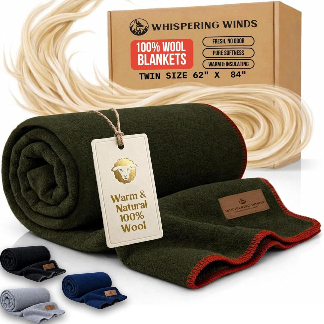 100% Wool Blanket - Premium Ultra-Soft & Warm, Twin 62"x 84" Large Size Blanket for Couch, Bed, Home, Camping & Outdoors (Military Green)