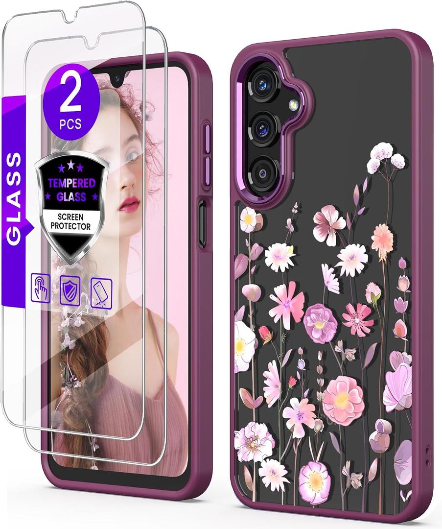 for Samsung Galaxy A16 5G Case+Tempered Glass Screen Protector,Military Grade Protective Slim Soft TPU + Hard PC,Girls Women Crystal Clear Flower Pattern Case Cover for Galaxy A16 5G-Colorful