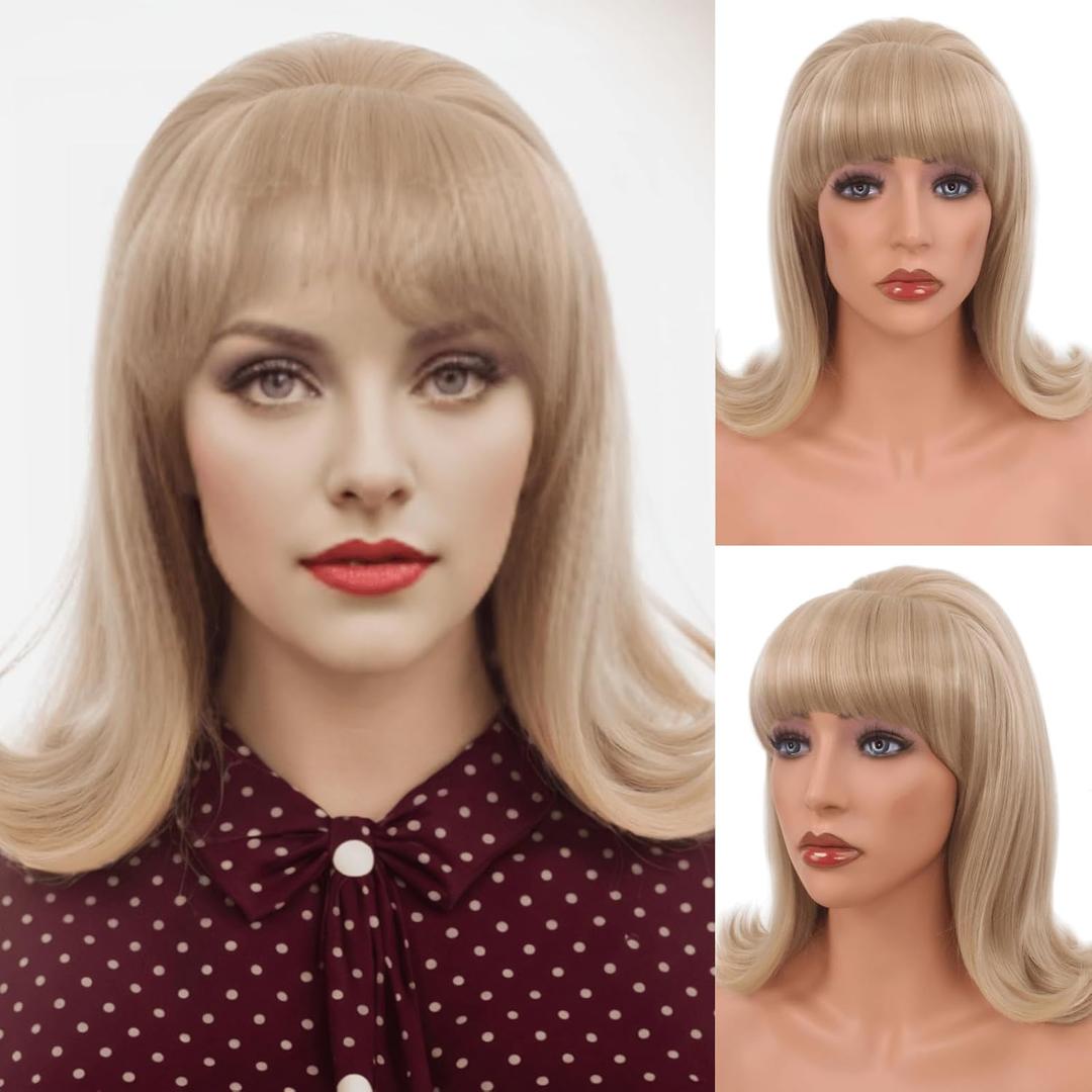 Black Long Curly Beehive Wig Vintage Wig with bangs for Women Costume Cosplay Fancy Dress 60s 70s Retro Wigs (Ash Blonde)