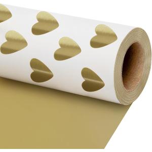 LaRibbons Reversible Wedding Wrapping Paper Roll, Gift Wrapping Paper with Gold Heart on White Design, Perfect for Birthday, Bridal Shower, Anniversaries, Engagement, 17 Inch 33 Feet