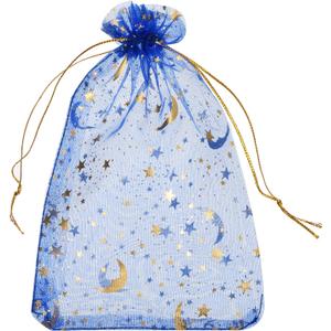 MECCANIXITY Organza Bag 4" x 6", Sheer Moon Star Mesh Bags Drawstring Gift Bags Bulk Party Favor Bag Jewelry Pouches for Wedding Candy Valentines (Bright Blue-Gold, Pack of 50)