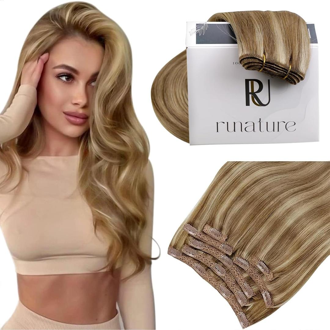 RUNATURE Clip in Hair Extensions Real Human Hair Dark Blonde Hair Extensions Clip ins Double Weft 18 Inch Remy Clip in Human Hair Extensions Full Head Thick Hair Extensions 120g 7Pcs (#10P16)