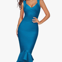 Shoulder Strap Sleeveless Fishtail Midi Bandage Dress for Women Bodycon Club Party Evening Dresses M Blue