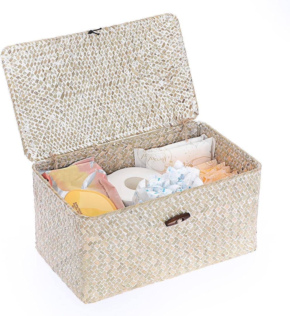 Sumnacon Wicker Basket with Lid Rectangle Woven Baskets for Toiletries Tampon Storage,Wicker Storage Basket with Lid,Decorative Seagrass Storage Baskets for Shelf Bathroom Toilet Table,Whitewash (Medium) Sumnacon Wicker Basket with Lid Rectangle Woven Baskets for Toiletries Tampon Storage,Wicker Storage Basket with Lid,Decorative Seagrass Storage Baskets for Shelf Bathroom Toilet Table,Whitewash (Medium)