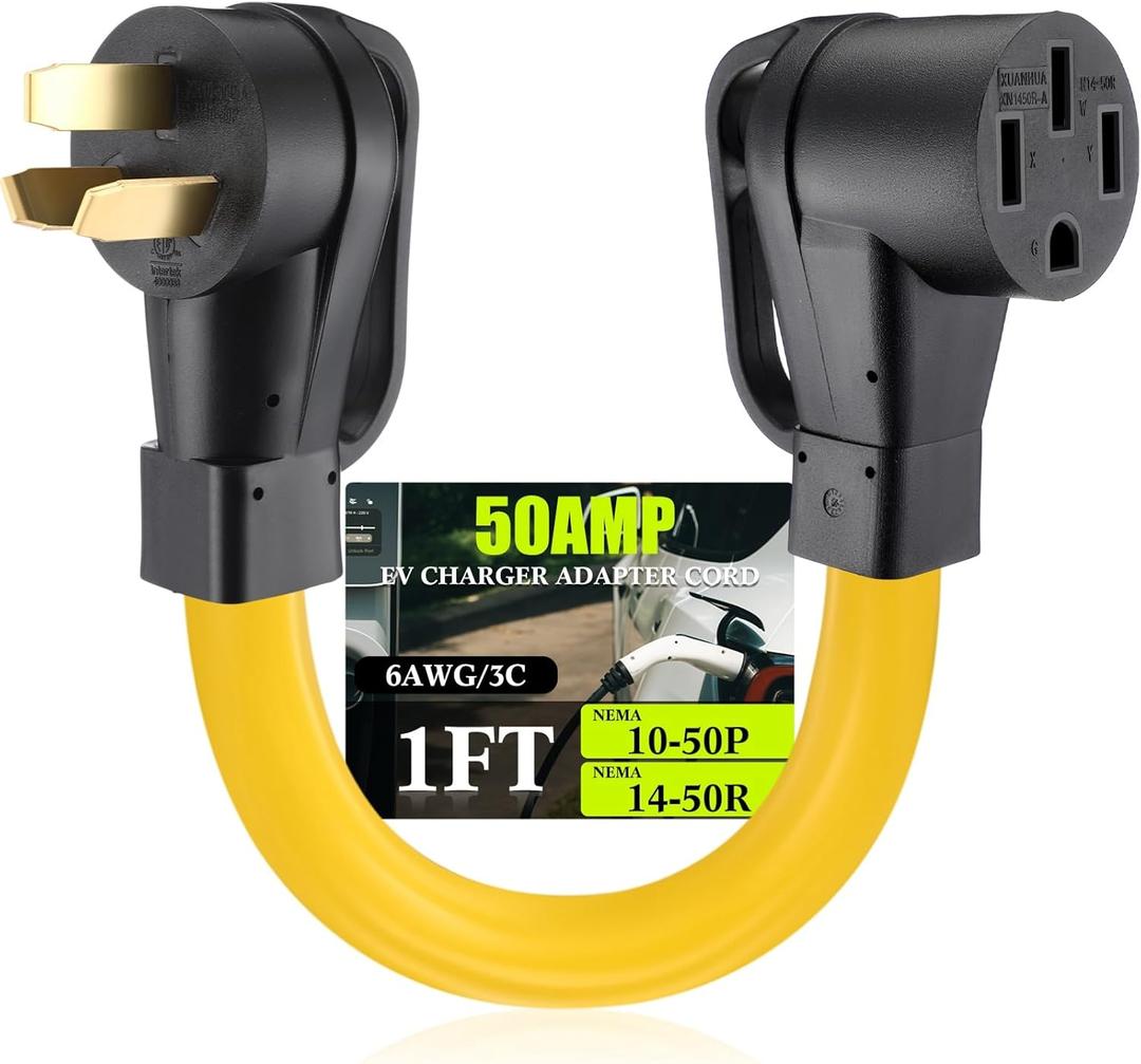 10-50P to 14-50R 50 Amp 6 AWG EV Charger Adapter Cord Compatible with NEMA, 3 Prong Male Stove to 4 Prong Female EV for Level 2 Charging, with Handle, STW 6 AWG/3C, 1FT, ETL Listed