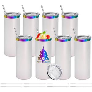 YOUKE OLA 8 Pack Rainbow Plated Stainless Steel Tumbler Straight Double Wall Powder Coated for Laser Engrave, 20oz White To Iridescent