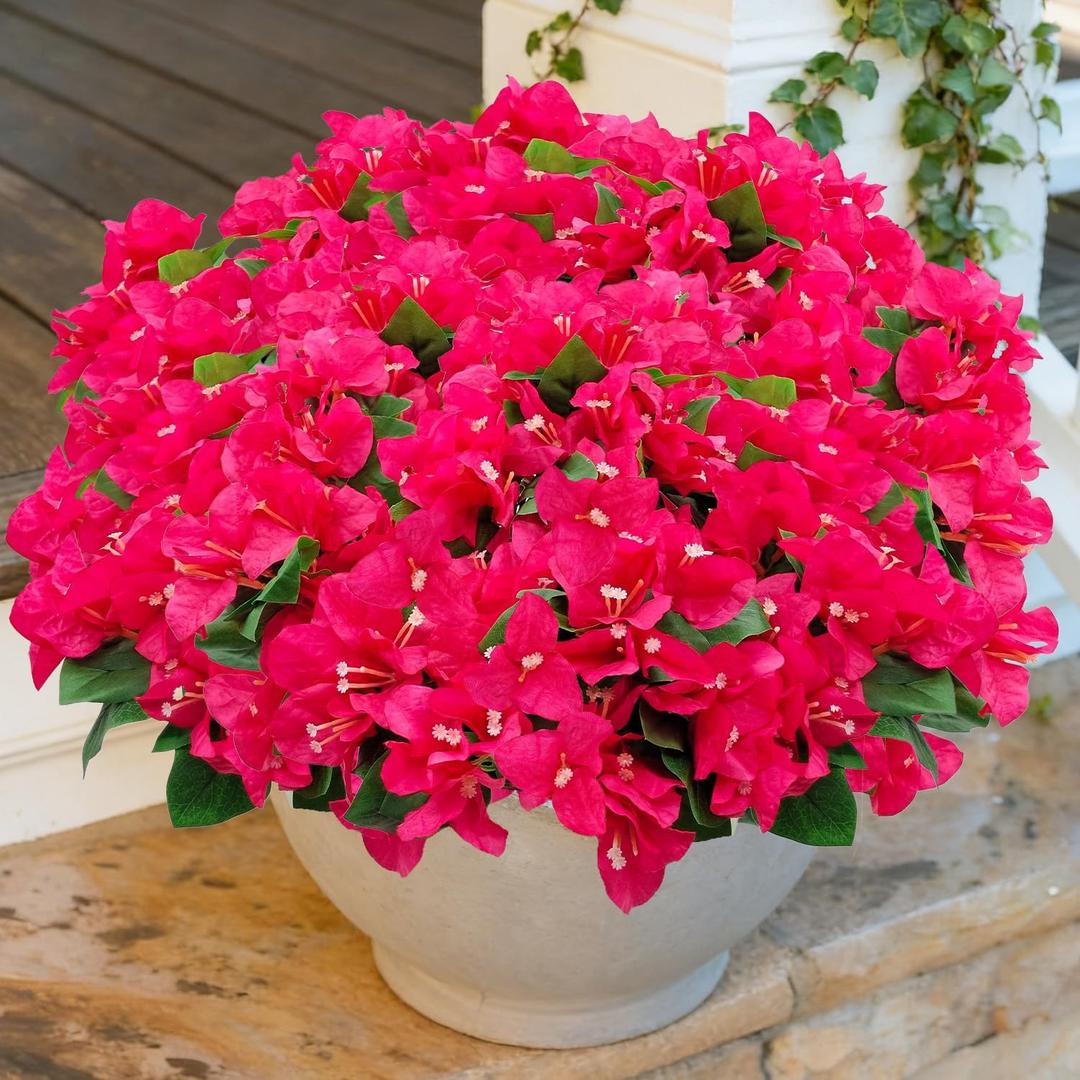 8 Bundles Artificial Flowers for Outdoors UV Resistant Fake Bougainvillea Silk Flower Faux Plants for Porch Balcony Patio Garden Home Decor (Rose Red)