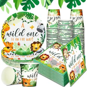200 Pcs Jungle Safari Baby Shower Paper Plates Napkins Cups Baby Shower Party Supplies Tableware Set Jungle Animal Disposable Cup Napkin for 50 Guest Girls Spring Party Decoration (Green)