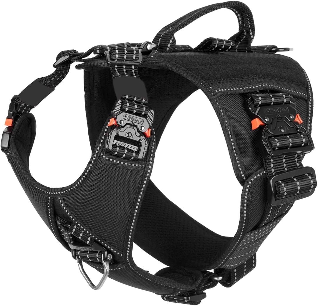 ICEFANG GN8 Tactical Dog Harness with 4X Metal Buckles for Large Sized Dogs,Reflective in Training Walking K9 Vest,No-Pull Front Leash Clip,Adjustable Pet Harness (Black, Large (Pack of 1))