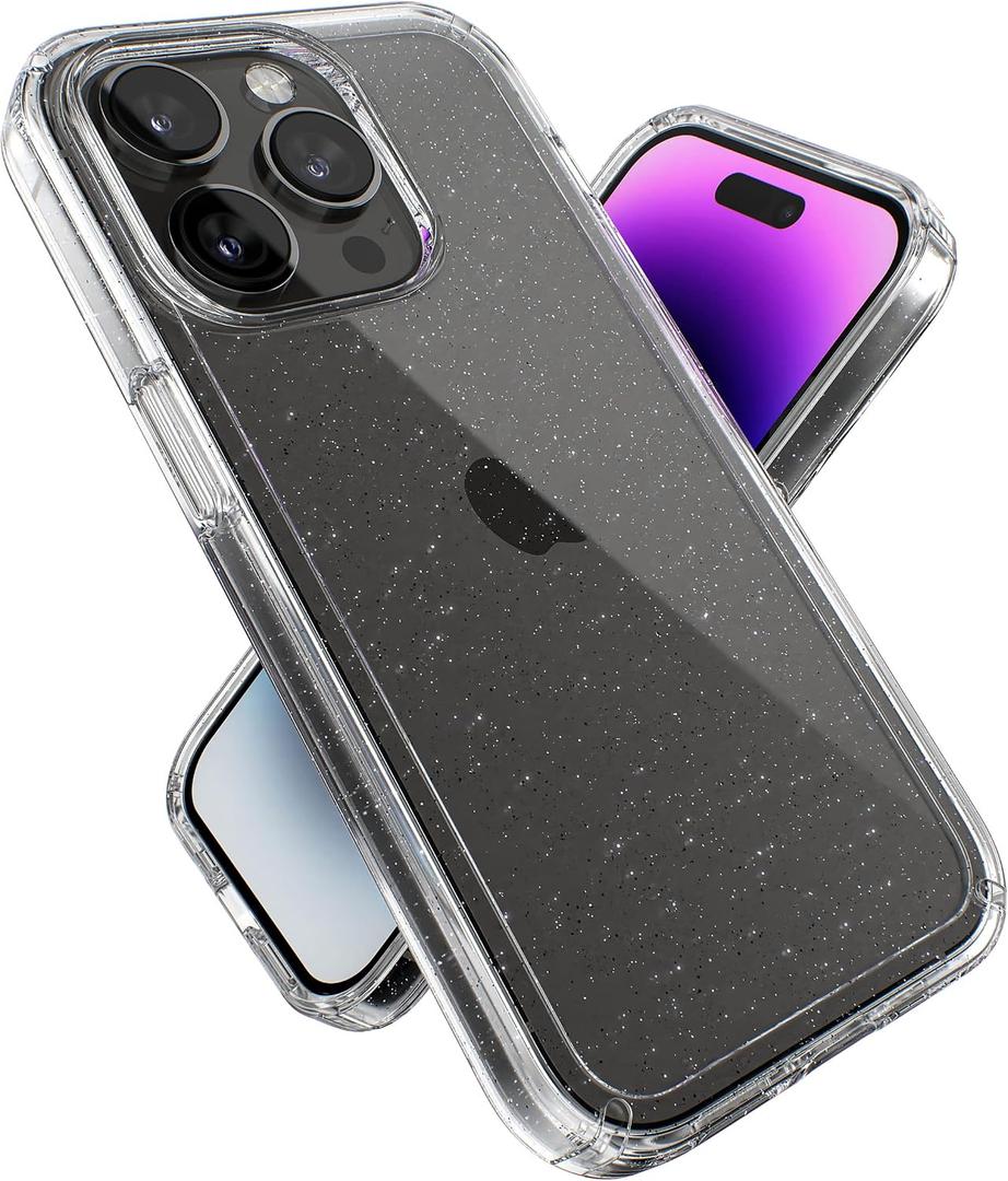 Speck Clear iPhone 14 Pro Case - Drop Protection, Scratch Resistant Dual Layer Slim Phone Case for 6.1 Inch iPhones 14 Pro - Anti-Yellowing & Anti-Fade Case - Clear with Platinum Glitter GemShell