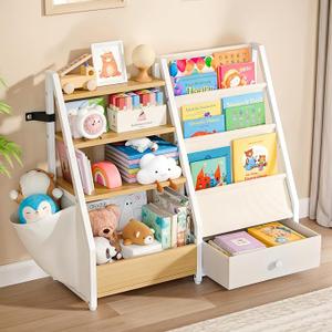 Kids Bookshelf and Toy Storage - Book Shelf for Kids Rooms, Toddler Bookshelf Baby Bookcase for Nursery, Montessori Toy Organizer, Burlywood