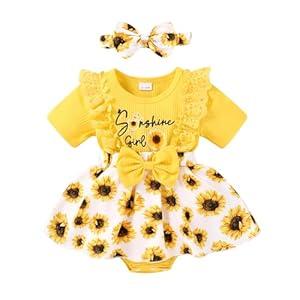 Infant Baby Girl Summer Outfits Lace Ruffle Short Sleeve Ribbed Romper Dress with Headband 1-18 Months(Sunflower, 1-3 Months)