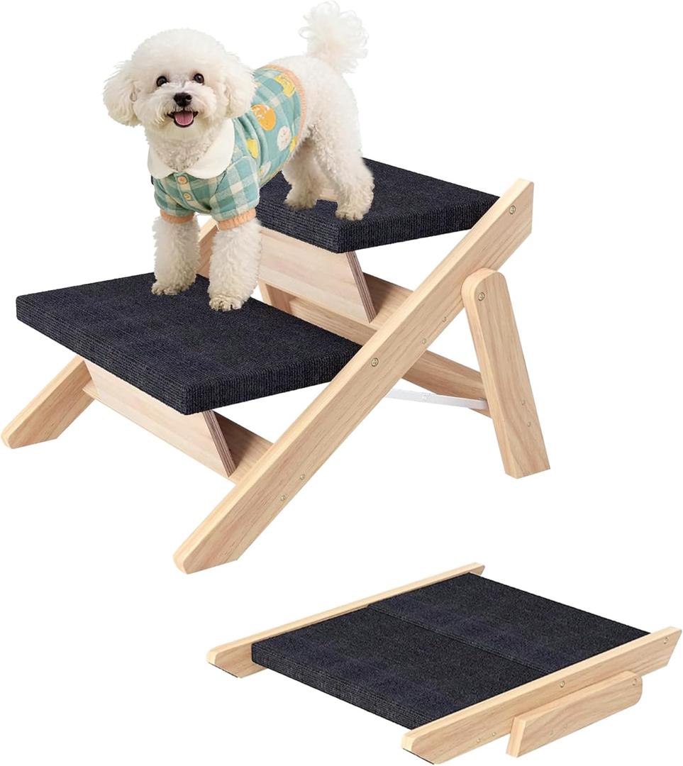 Dog Stairs/Ramp for Bed, Wooden 2-in-1 Foldable Pet Stairs & Ramp, Portable Dog Step Up to 180 Pound for Elderly/Short-Legged Dogs, 2 Steps for Beds, Couch, Cars