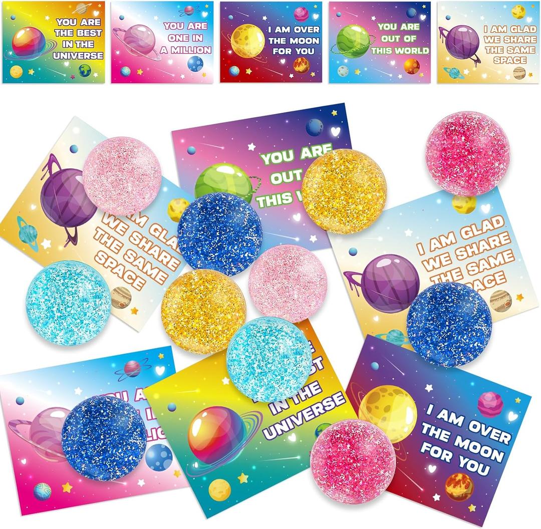 30 Packs Valentine's Day Cards with Glitter Bounce Balls Stress Toys for Classroom Exchange, Valentine's Gifts Party Favors for Boys Girls School, Party Prizes for School