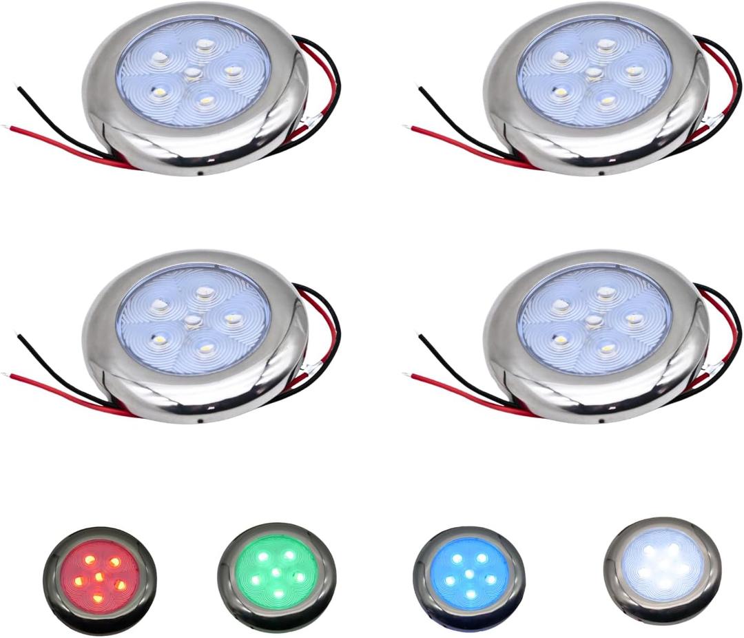 Marine Boat Courtesy Lights, 3 Inch RGBW LED Cabin Light, IP67 Waterproof Stainless Steel Interior Exterior Deck Dome Lamp for Fishing Pontoon Bass Sailboat 12V (4 Pcs)