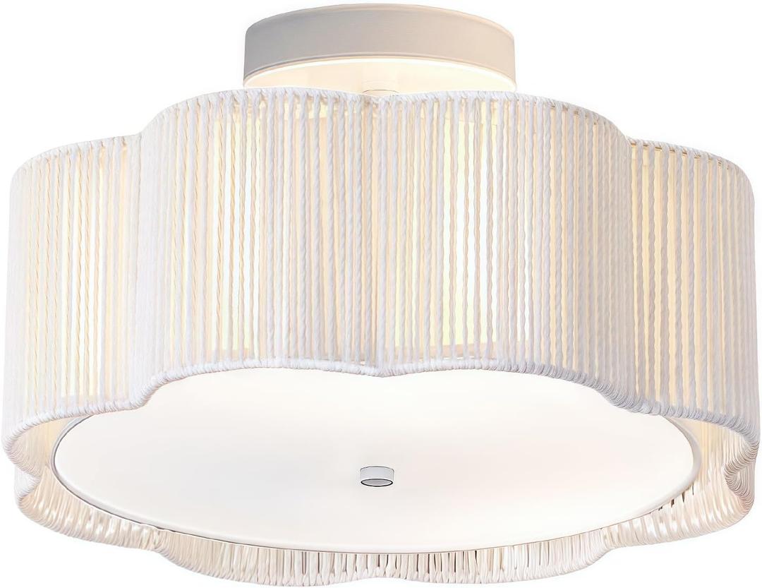 13.4" Rattan Flush Mount Ceiling Light Fixtures,3-Light Boho Nursery Light Fixtures Ceiling Mount for Bedroom, Mini Rattan Chandelier, White Small Chandelier Lighting for Dining Room Hallway