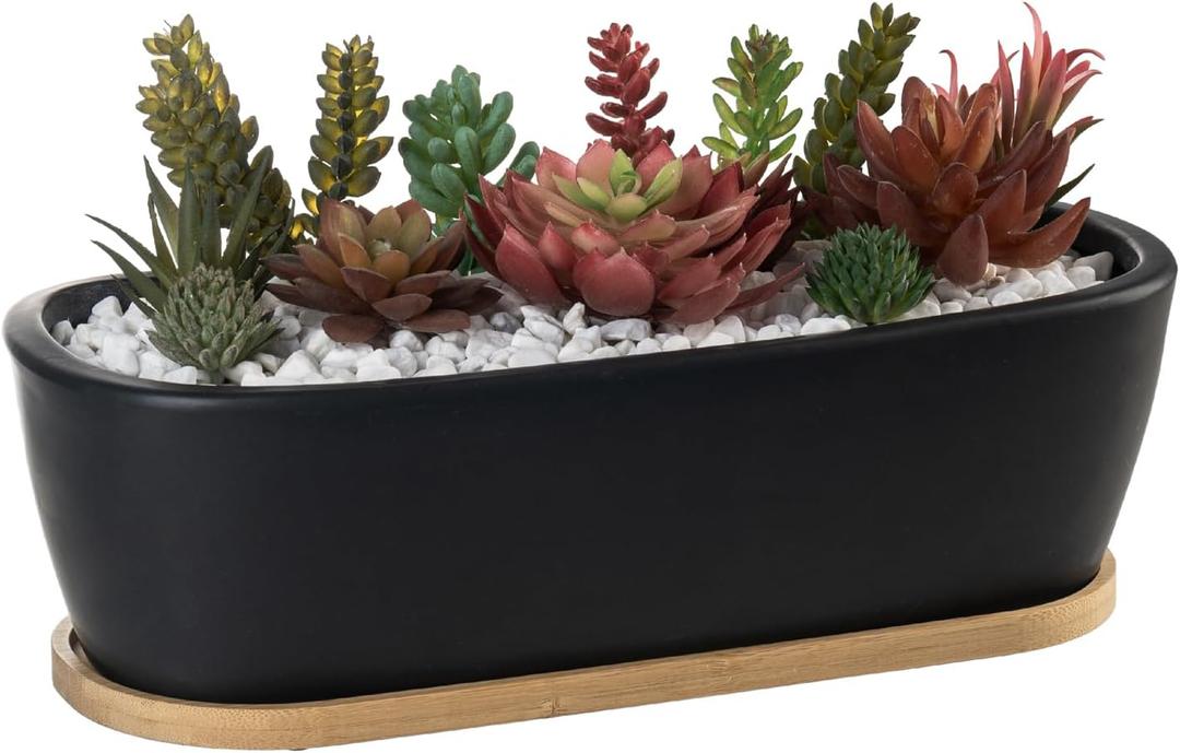 MyGift 14 Inch Oval Modern Matte Black Ceramic Succulent Planter Pot with Drainage Hole and Removable Bamboo Saucer, Decorative Indoor House Plant Container for Flowers, Cactus, Herbs