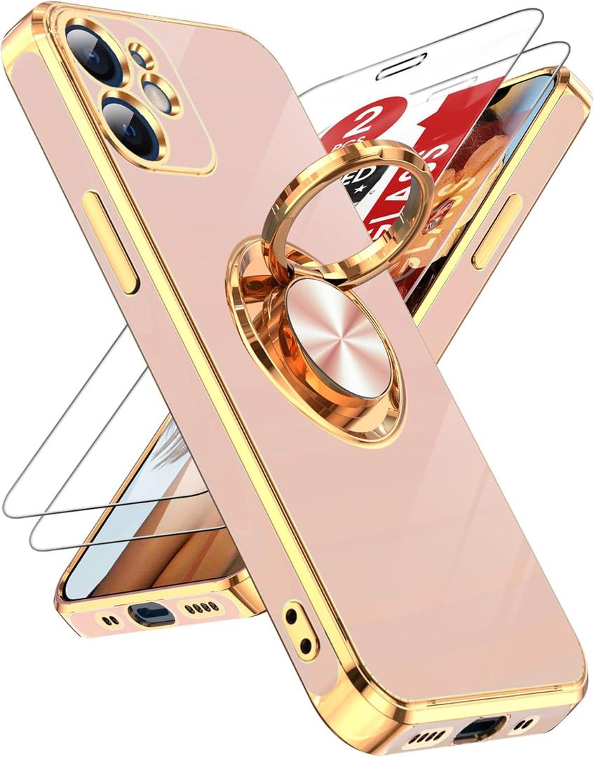 LeYi for iPhone 12 Mini Phone Case: 2 Pack Tempered Glass Screen Protector and 360 Rotatable Ring Holder Magnetic Kickstand, Plating Rose Gold Edge for iPhone 12 Mini Case, Pink