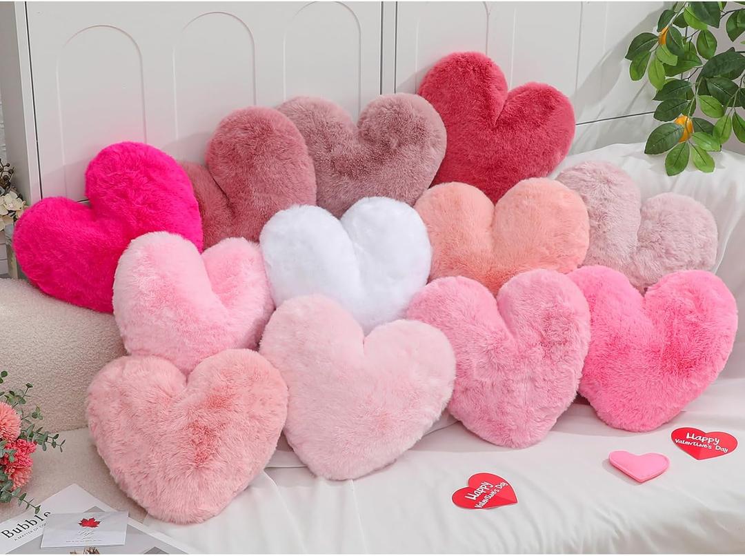 Liliful 12 Pcs Heart Pink Pillows Love Faux Rabbit Fur Heart Pillows for Mother's Day Valentines 11.8 x 11 Inch Cute Soft Throw Couch Cushion for Bed Sofa Decorative Room Decor