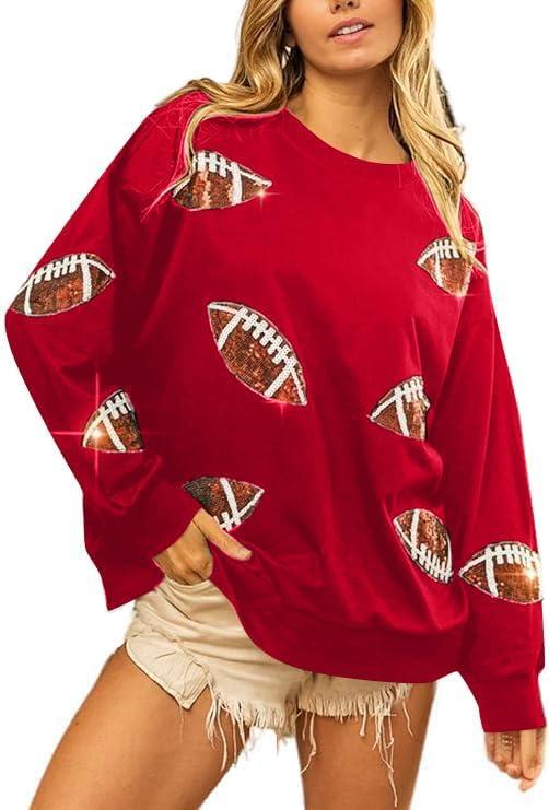 MOUSYA Womens Sequin Football Sweatshirt Game Day Long Sleeve Shirt Sunday Funday Pullover Casual Crewneck Tops (Red, XL)