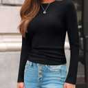 AUTOMET Women's Ribbed Long Sleeve Basic Top - Soft Stretch Crewneck Shirt for Work & Casual (XS)