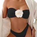 MakeMeChic Women's Two Piece Bikini Set 3D Flower Textured Strapless Bandeau Tie Back Bathing Suit S