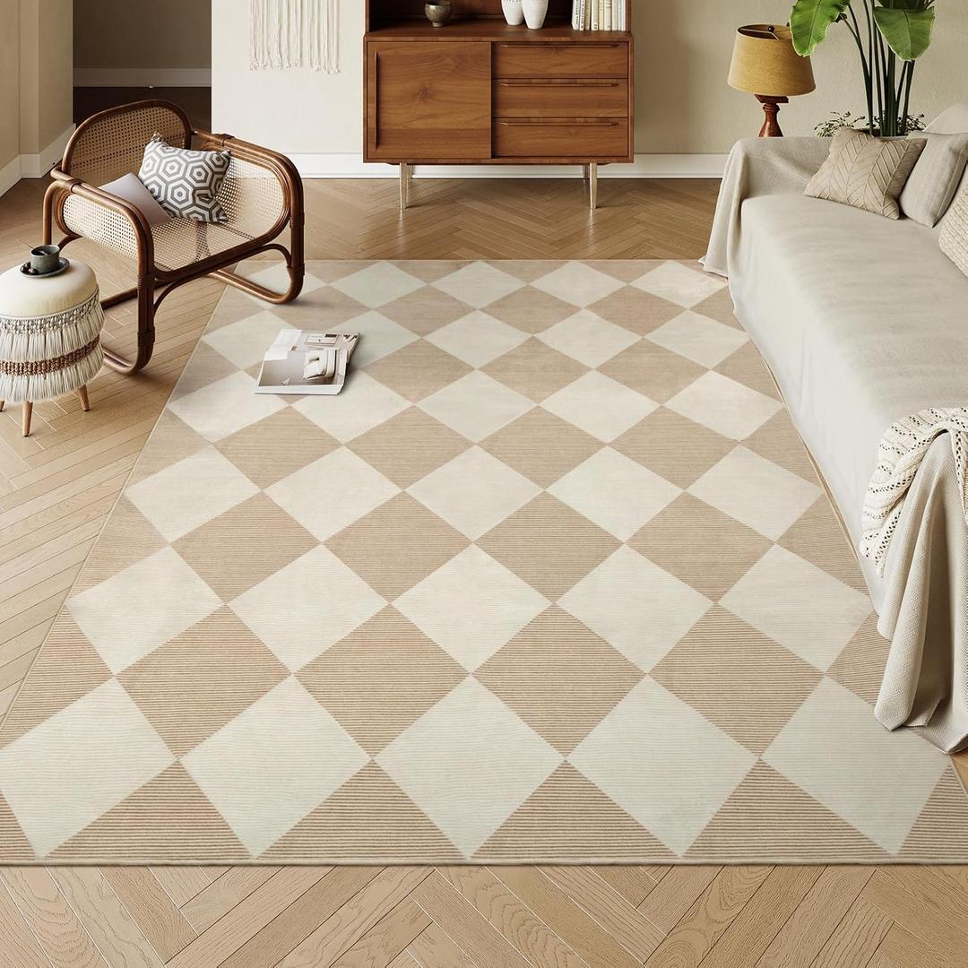 Beeiva Checkered Print 5x7 Washable Area Rugs for Bedroom, Non Slip Ultra Thin Beige Rugs for Living Room, Geometric Plaid Dorm Decor Soft Low Pile Carpet for Office Kids Room Classroom