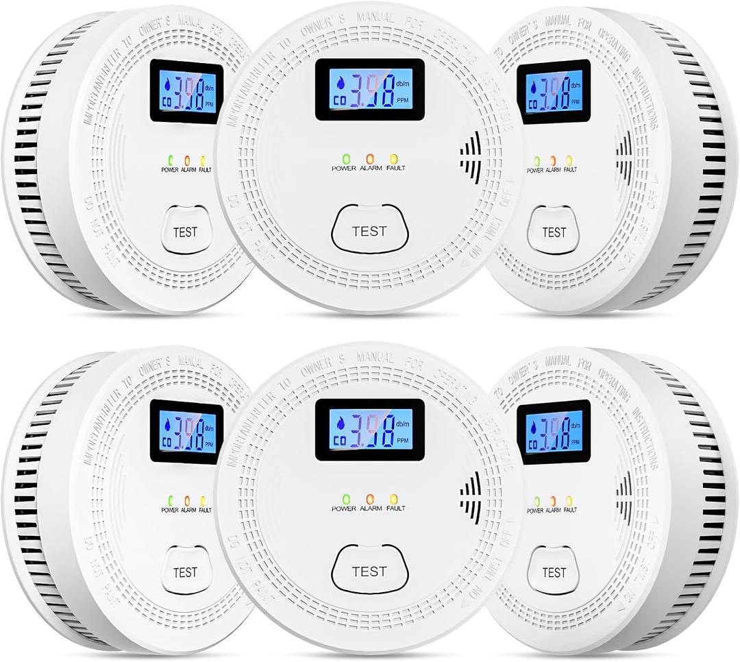 6 Packs, 2 in 1, Smoke Carbon Monoxide Detector, Carbon Monoxide Detectors/Smoke Alarm,85 dB Alarm, Large Screen Readout, Test Button, Battery Operated, Work State LED Flash, Easy Install