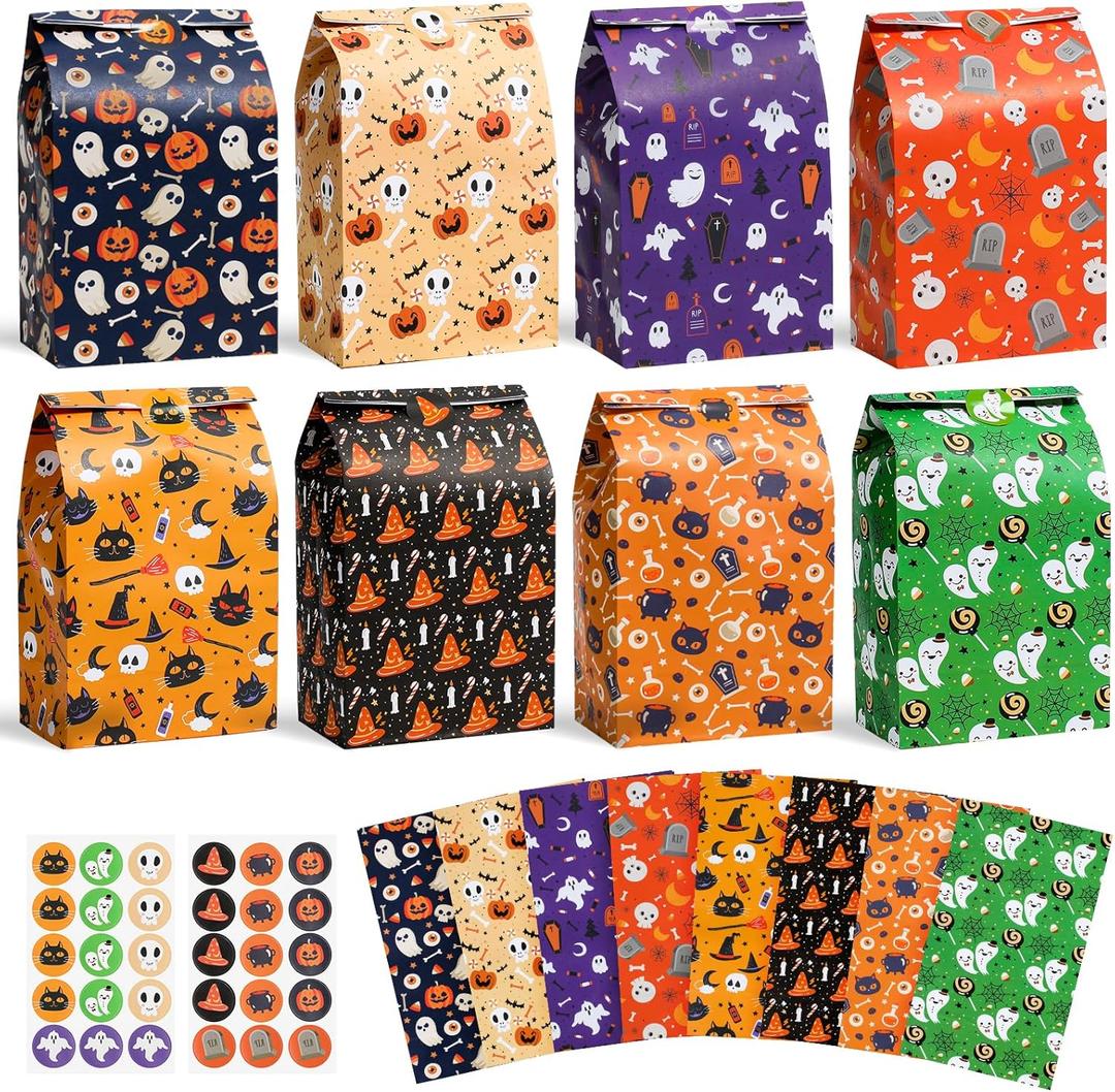 24 Pack Halloween Treat Bags with 30 Stickers - Halloween Trick or Treat Candy Goodie for Kids - Holiday Craft Paper Gift Bags for Holiday Bag Stuffer Filler, Party Supplies, 8 Assorted Designs