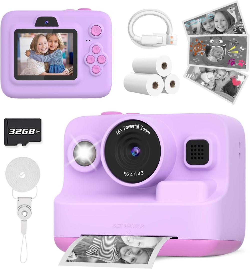 Kids Camera Instant Print, Dual-Lens Front Rear Selfie Camera for Kids, Christmas Birthday Gifts Toys for 3-12 Year Old Boys Girls, 2.4in Screen 1080P Kids Digital Cameras with 32G Card (Purple)