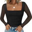 Chunpin Women's Square Neck Bodysuit Ruched Top Mesh Long Sleeve Bodysuits Thong Body Suits Leotard Shirt Going Out S