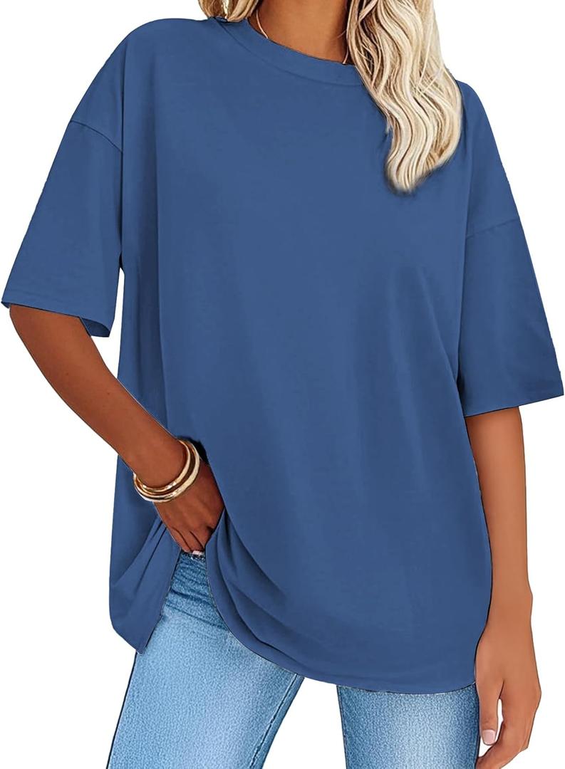 Women's Oversized T Shirts Short Sleeve Cotton Crewneck Summer Tops Casual Loose Fit Basic Tee Shirts Navy Blue, Large
