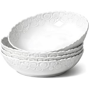 HOMBENE Heartbeat Pasta Bowls Set of 4, 40oz, Porcelain Wide and Shallow, Soup, Pasta, Noodle, Dinner, Large Salad Bowls Soup Bowl for Kitchen, Microwave & Dishwasher Safe (White)